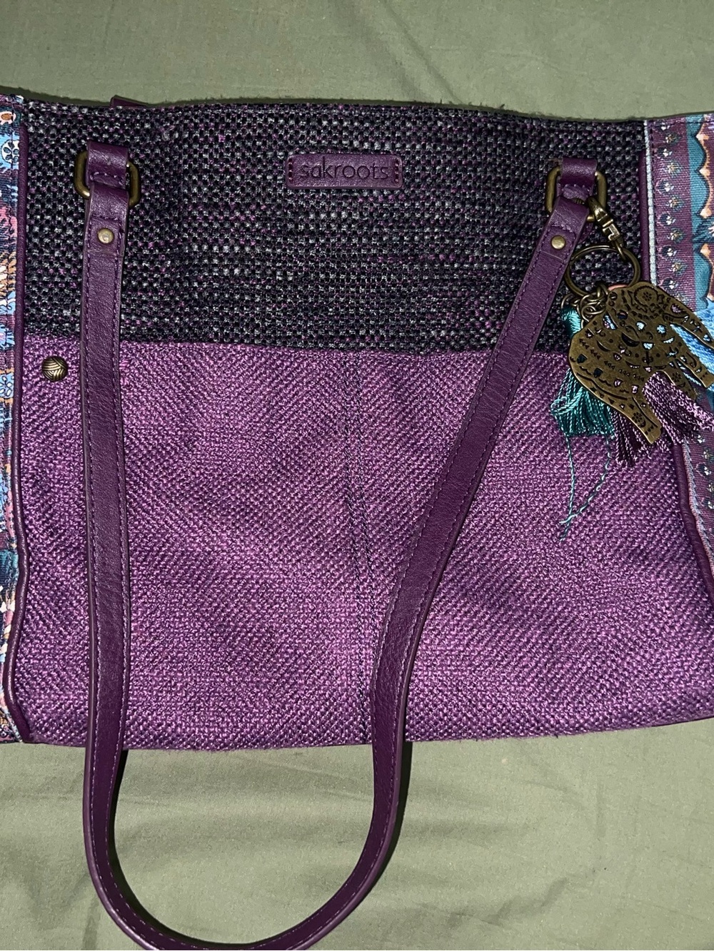 Sakroots Purple Woven Tote Bag with Elephant Charm